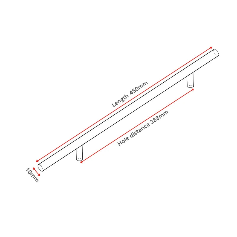 A long stainless steel rod with marked dimensions showing a 450mm length and an 10mm hole distance.