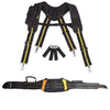 Black and yellow adjustable tool belt suspenders with a pouch bag displayed against a white background.