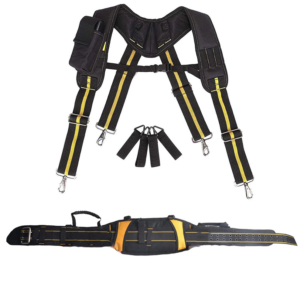 Black and yellow adjustable tool belt suspenders with a pouch bag displayed against a white background.