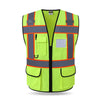 A bright lime green high-visibility reflective safety vest with black trim and pockets.