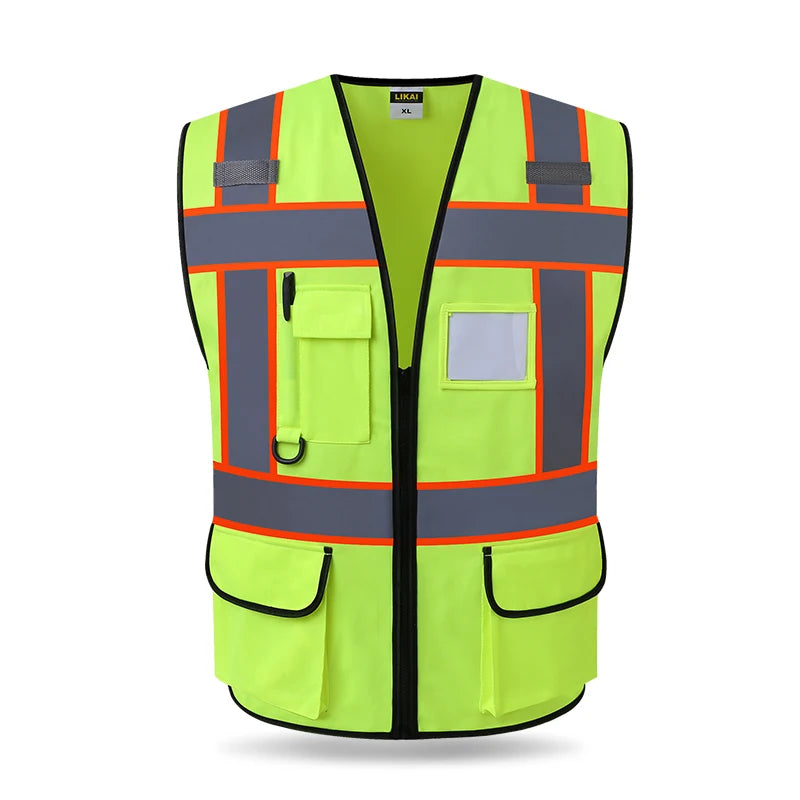 A bright lime green high-visibility reflective safety vest with black trim and pockets.