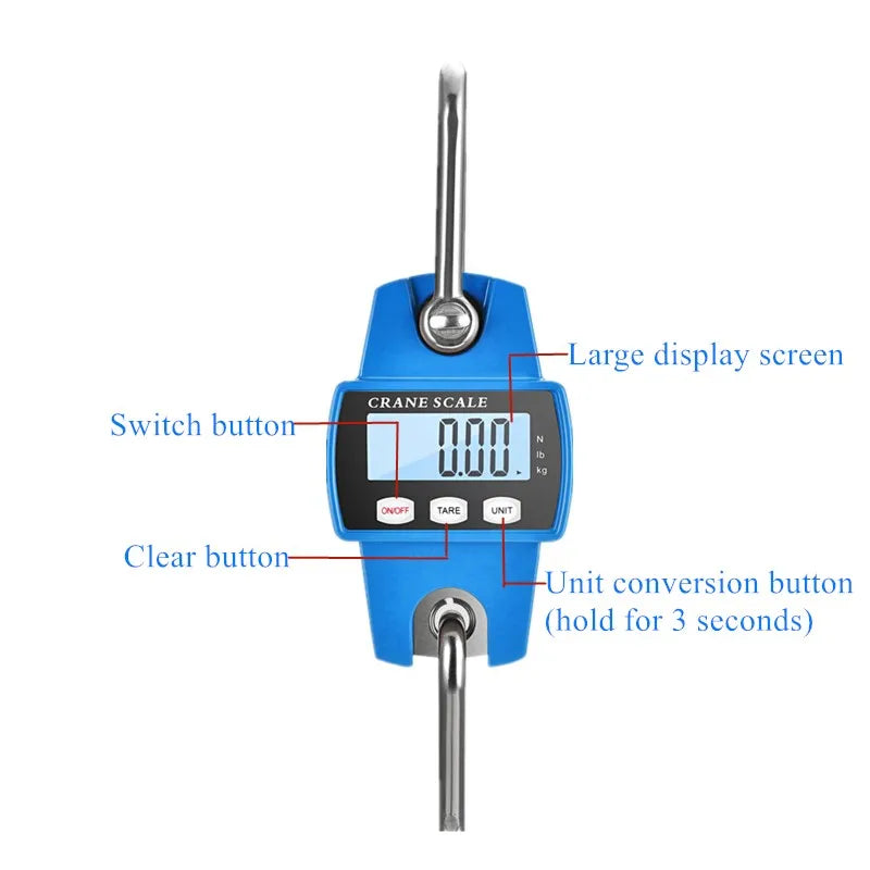 A blue heavy duty digital hanging scale with a large display screen and various buttons.