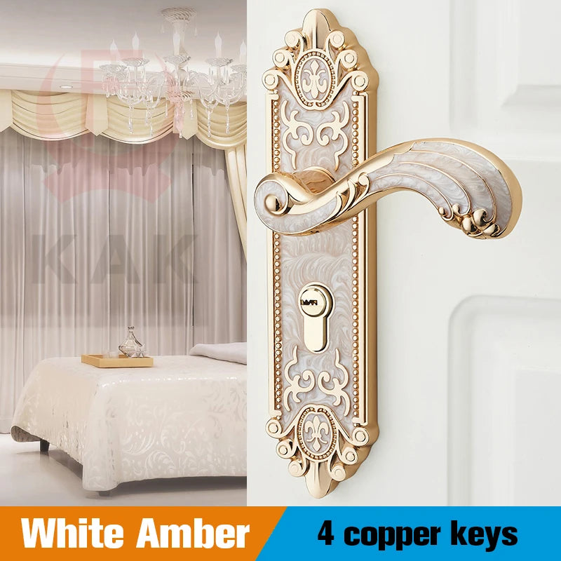 A close-up of a white amber European style gold door lock with four copper keys mounted on a white wall.