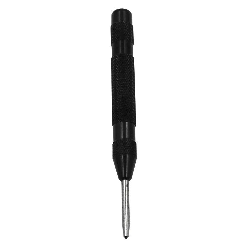 A black spring-loaded center pin punch used for woodworking and repair.