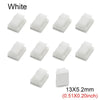 White self-adhesive cable clips shown in various shapes and sizes for cord organization