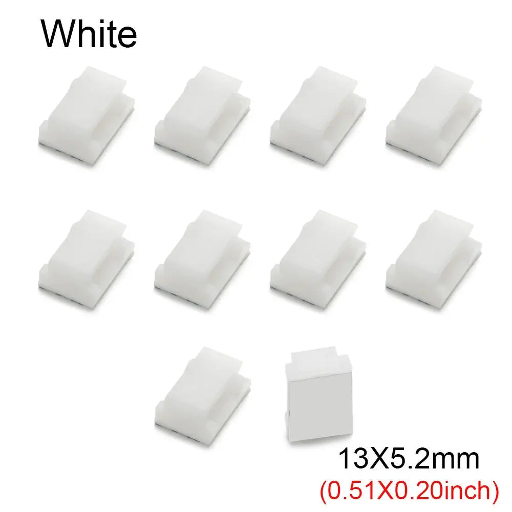 White self-adhesive cable clips shown in various shapes and sizes for cord organization