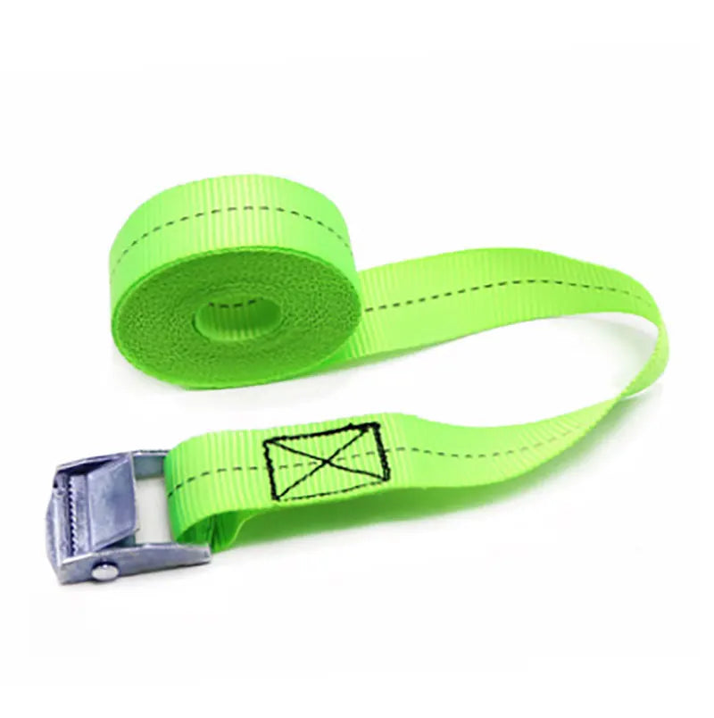 A roll of bright lime green heavy duty buckle tie down straps with a finished strap extending from the roll.