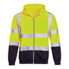 A bright yellow men's reflective winter zipper hoodie with dark sleeves and torso.