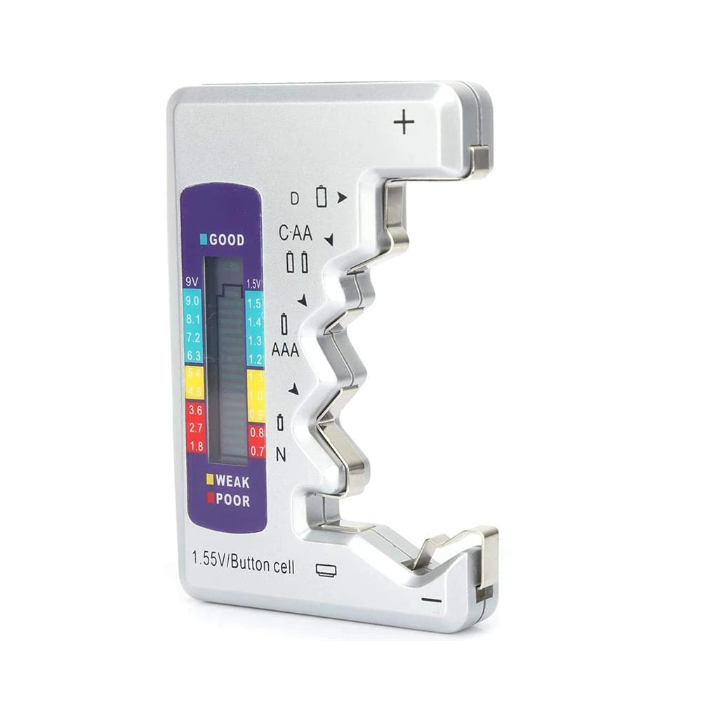 A silver digital battery capacity tester device with indicators for good, weak, and poor batteries.