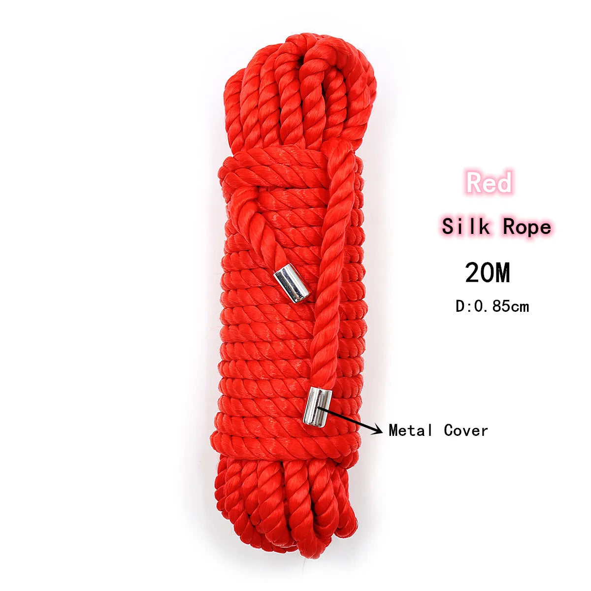 A bundle of red silk rope with a metal cover, coiled for bondage or restraint.