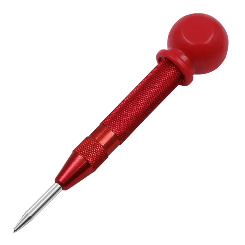 A red spring-loaded center pin punch with a textured handle and sharp point.