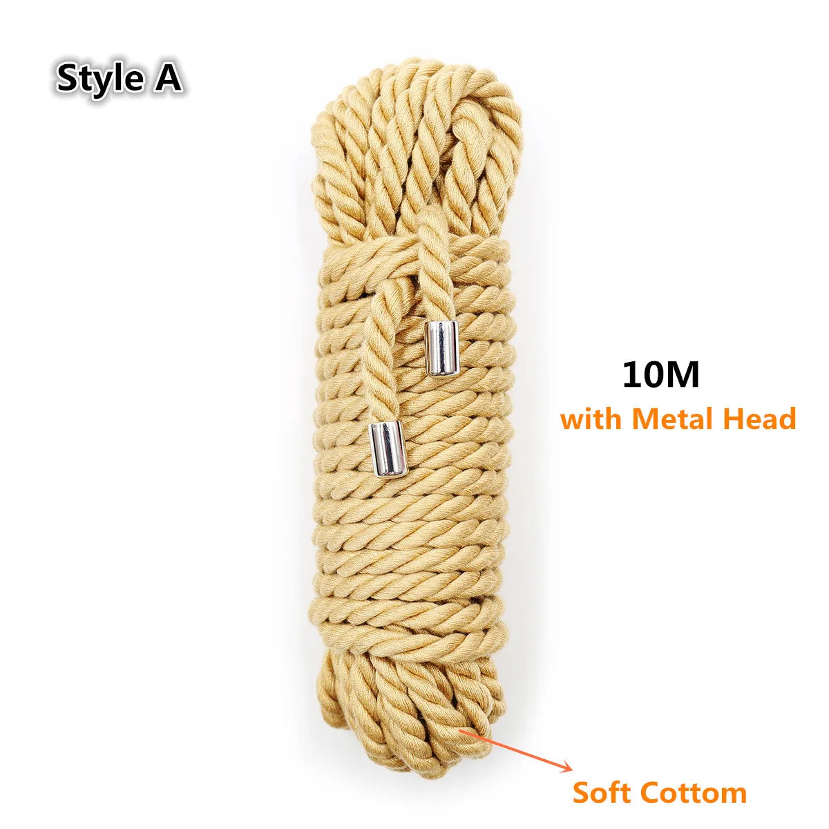Style A silky bondage rope made of soft cotton with a metal head, shown in a coiled form.