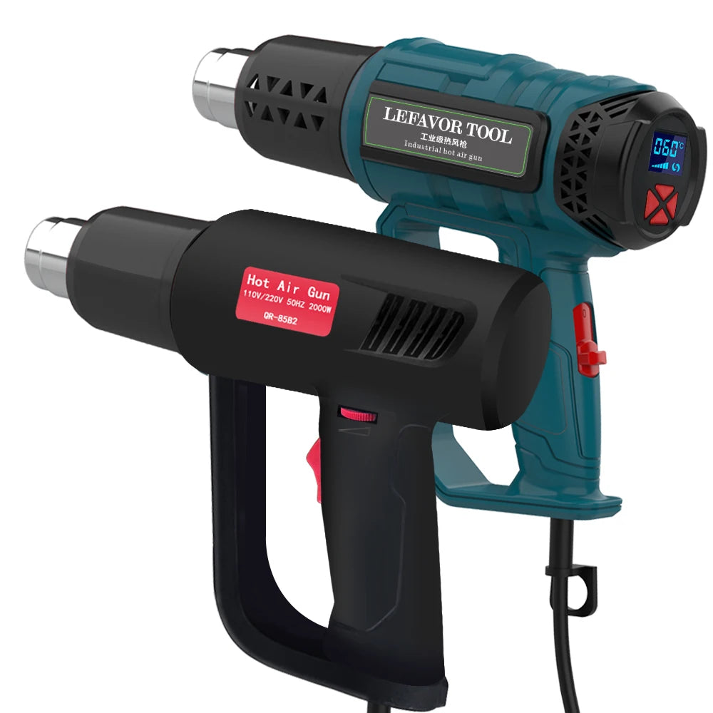 A teal hot air gun tool with a black nozzle and handle is shown next to its detachable air gun body.