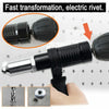 A black electric rivet gun is shown with close-ups of the tool and a finished rivet nut.