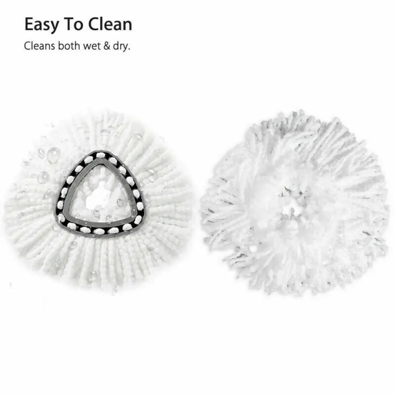 Two white microfiber mop refills, one shaped like a triangle and the other round.