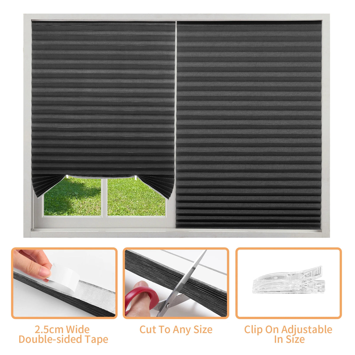 Close-up view of black pleated window blinds and accompanying double-sided tape for installation
