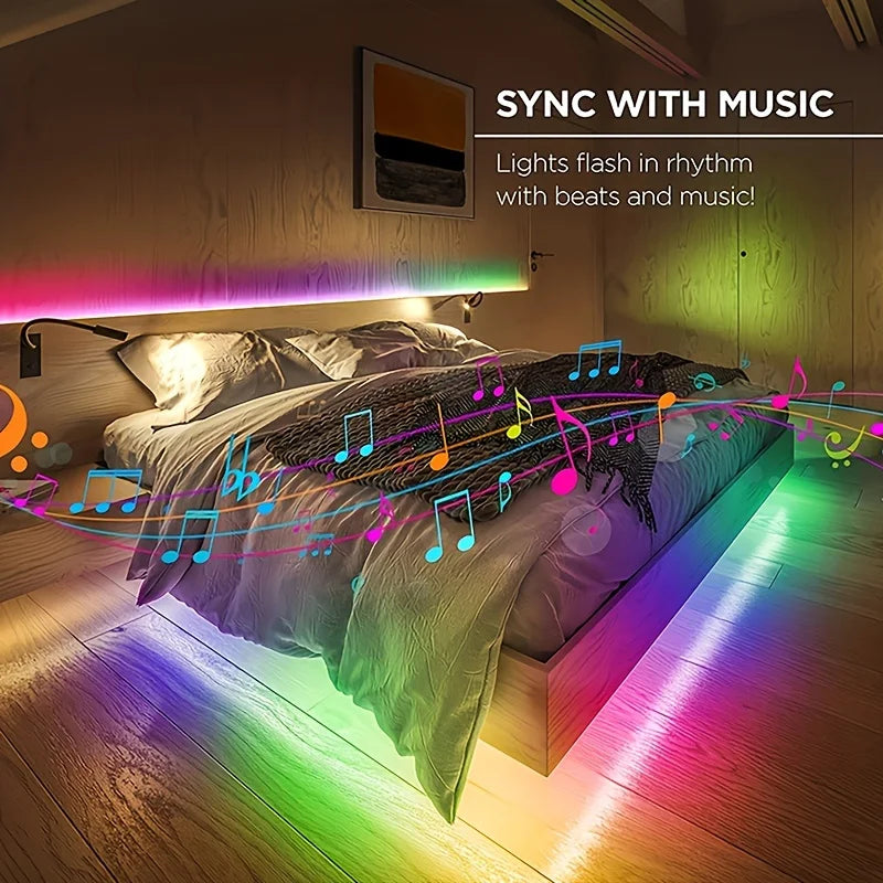 A bedroom scene showing flexible RGB LED strip lights flashing in rhythm with music, illuminating a bed and wooden floor.