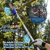 An adult uses a pole saw to trim tree branches, demonstrating its reach and utility.