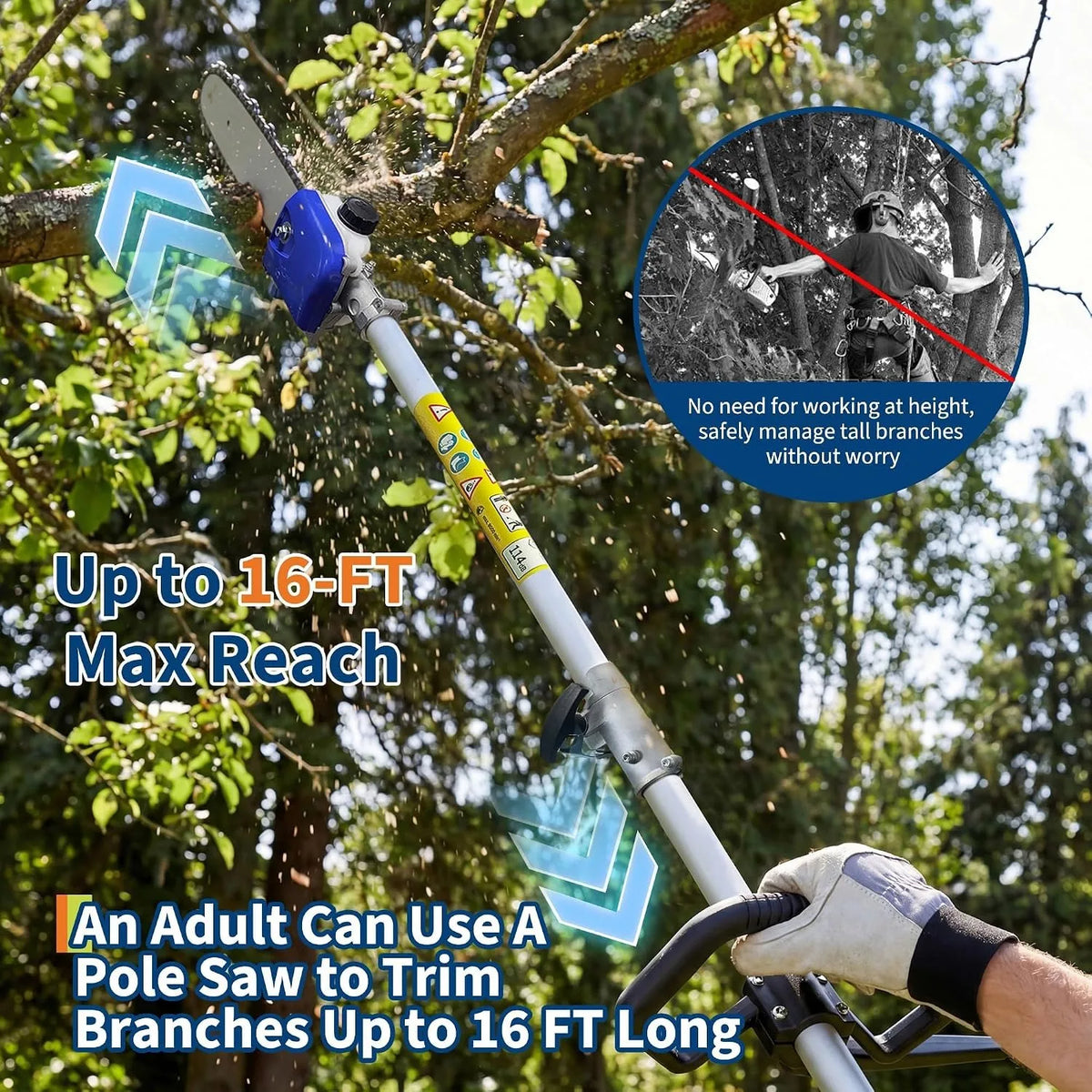An adult uses a pole saw to trim tree branches, demonstrating its reach and utility.
