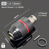 A close-up view of a D2 mount thread drill chuck adapter with a 1/2 inch square opening and mounting thread for impact driver
