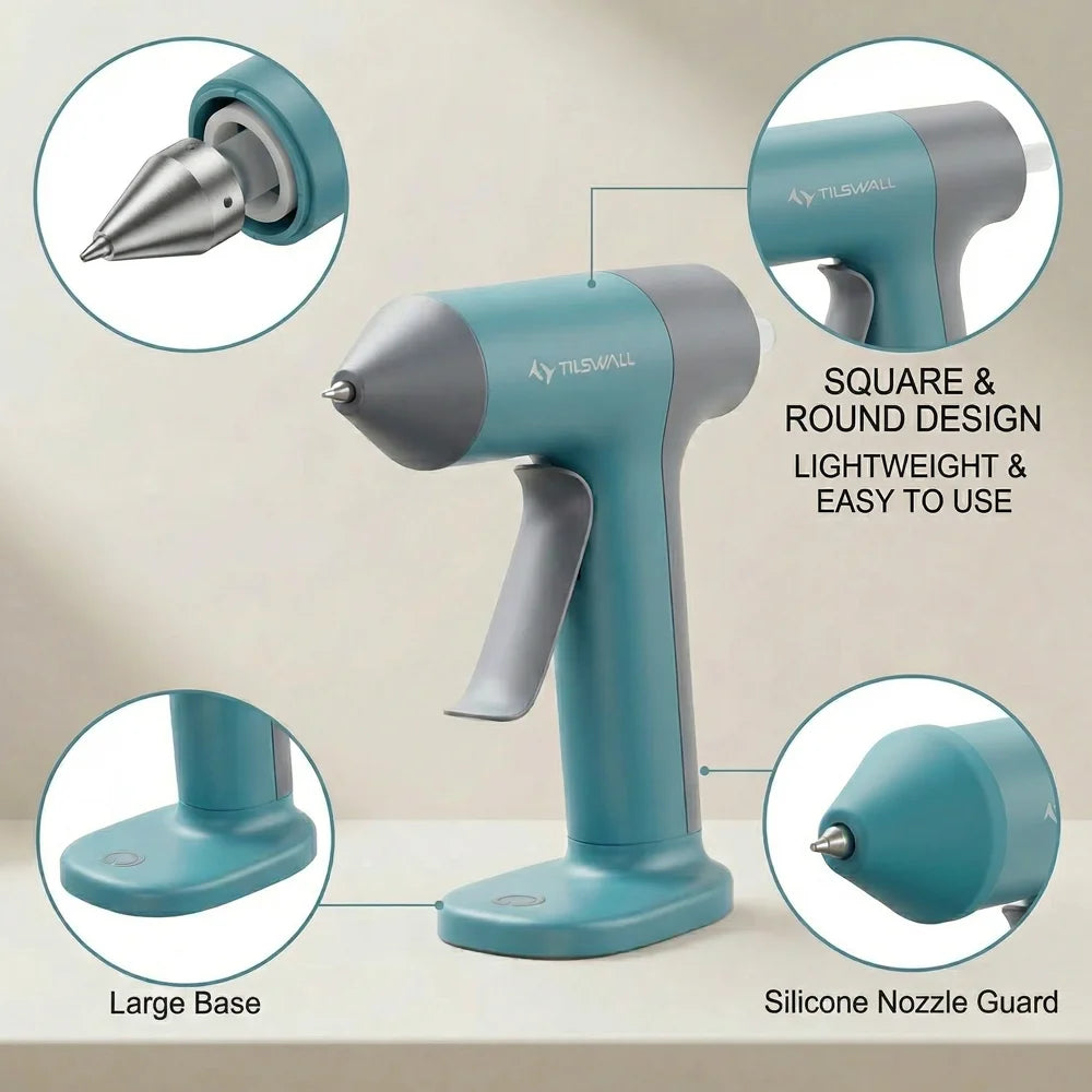 A teal cordless hot glue gun with a large base and silicone nozzle guard shown with various components.