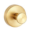 A round, brass-toned shower hook with a smooth finish and a circular mounting plate.
