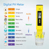 A yellow digital pH meter is shown next to a color-coded chart listing various substances and their corresponding pH levels.
