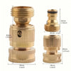 A brass quick connect hose kit with various sized fittings and dimensions shown in a vertical layout.