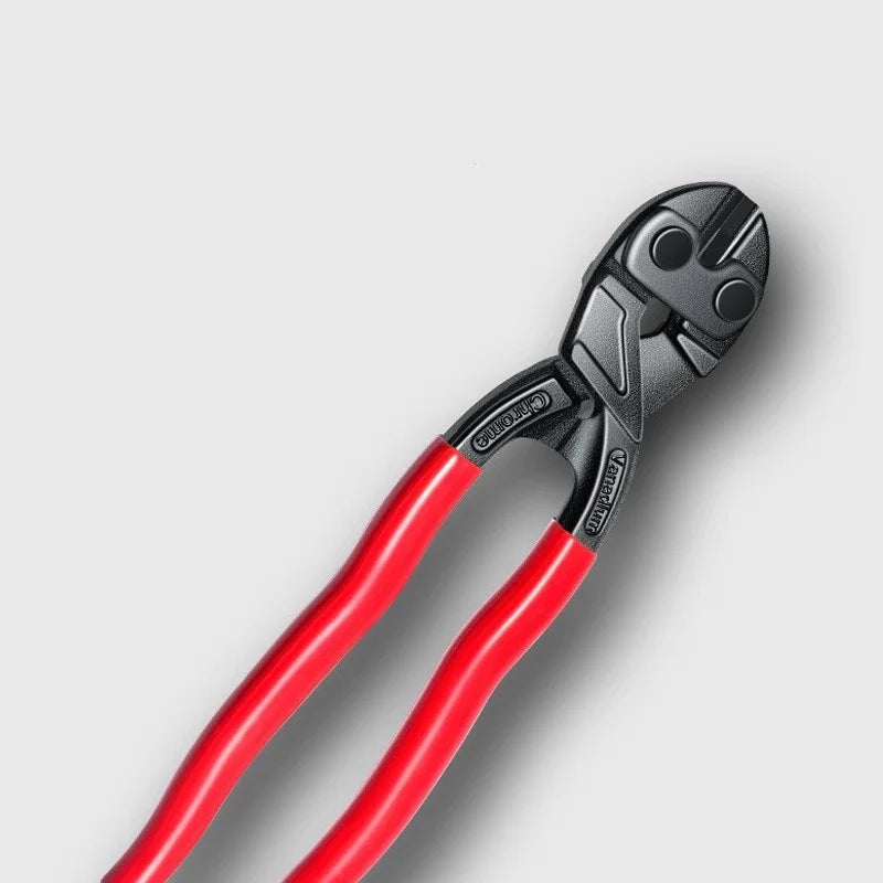 A close-up view of a black heavy-duty bolt cutter with red handles and spring mechanism.