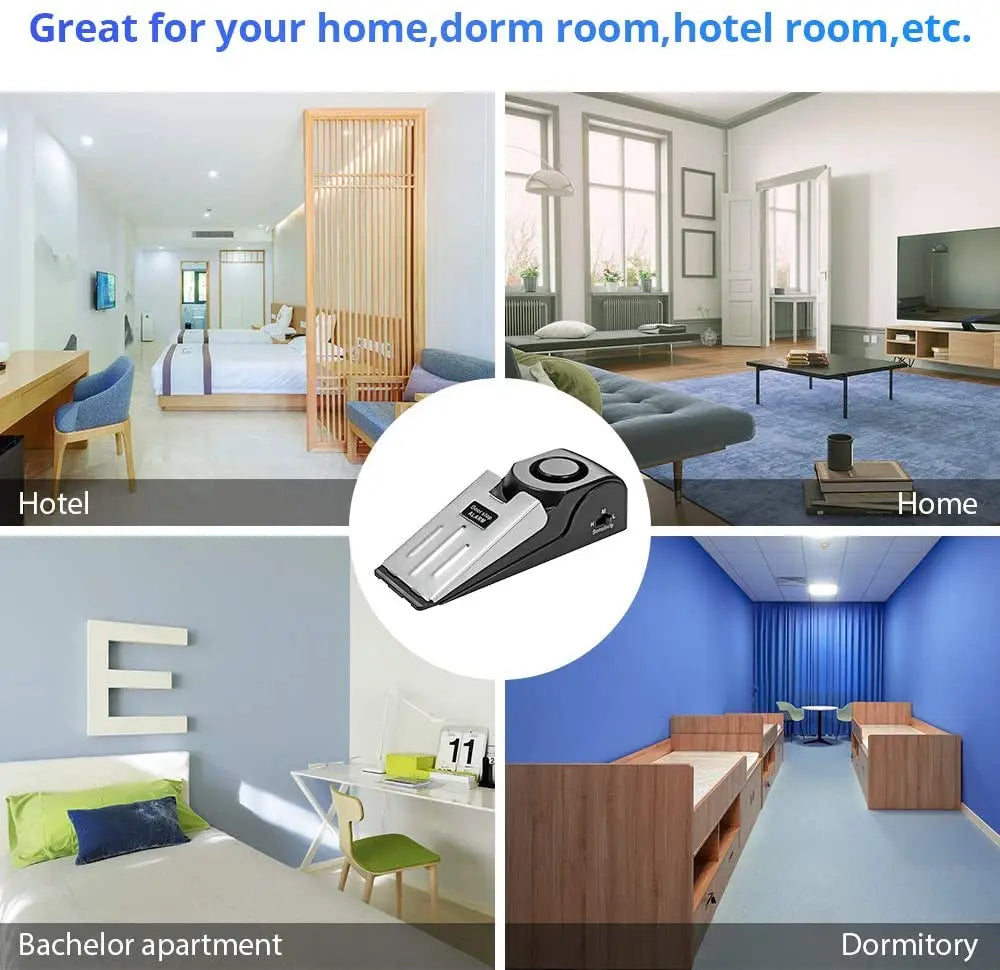 A portable door stopper alarm device shown in various contexts including a hotel room, home, bachelor apartment, and dormitor