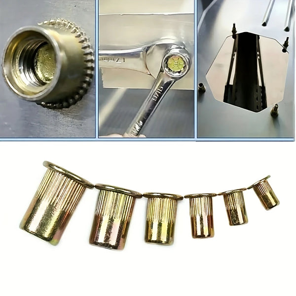 A kit containing precision rivet nuts and threaded rivets, shown in close-up views.
