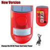 A red solar motion security alarm unit with a panel and a DC port, shown next to its charging cable.