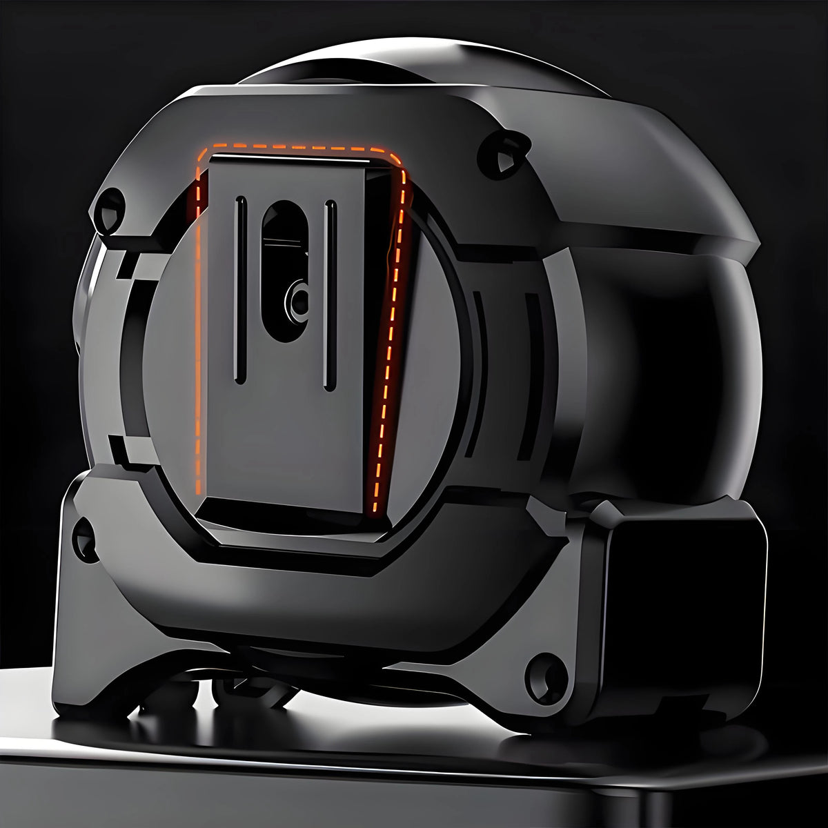 Un mètre ruban fluorescent noir avec une fenêtre transparente est montré sur une surface sombre.
