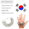 A stainless steel measuring ring with a circular design is shown next to a hand demonstrating its size.