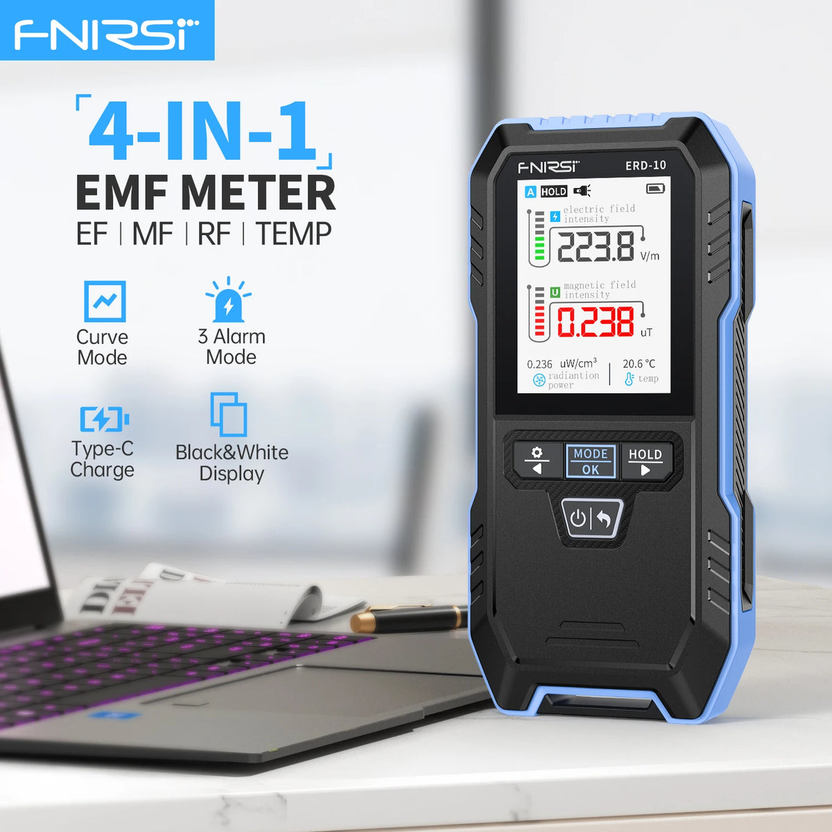 A black and blue multi-function environmental detector is shown next to a laptop.