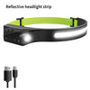 Black headlamp strap with a reflective yellow strip and a bright LED light visible.