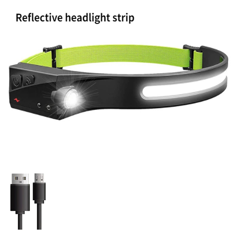 Black headlamp strap with a reflective yellow strip and a bright LED light visible.