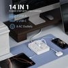 A white power strip with 14 in 1 features 4 USB-A, 2 USB-C ports, and 8 AC outlets, shown near a computer monitor and smartph