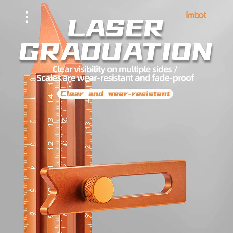 An orange laser graduation ruler with a magnetic suction marking tool shown in close-up.