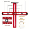 A red locating guide for cabinet handles showing various measurements and a pointing needle.