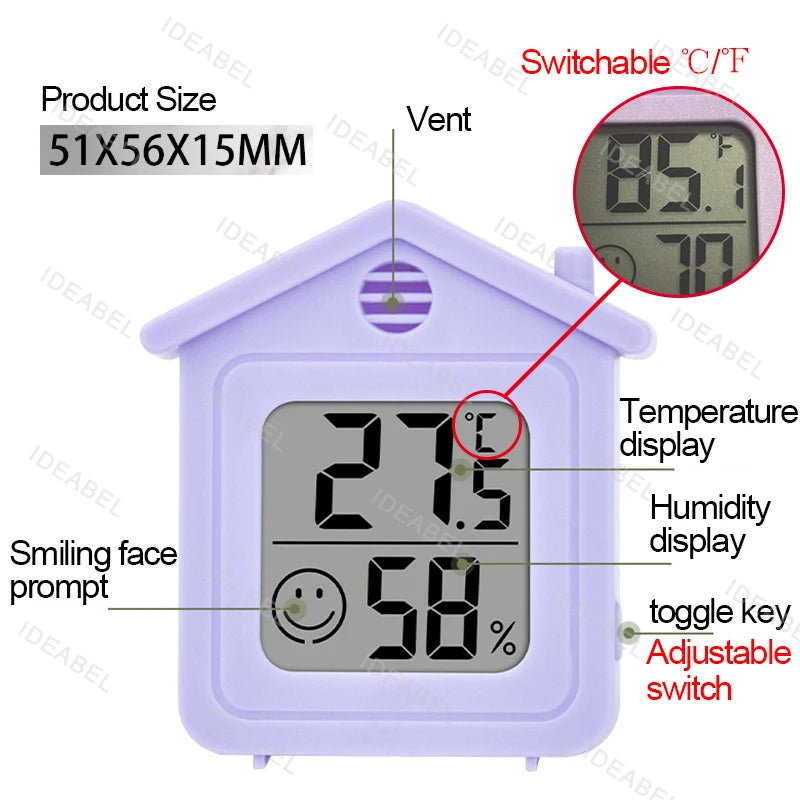 Termómetro y higrómetro digital morado compacto con pantalla de temperatura, humedad y interruptor.