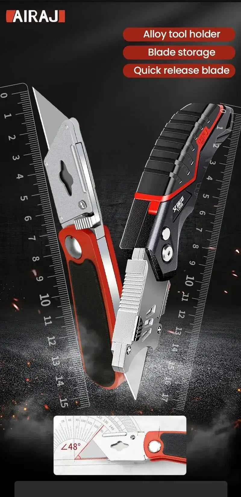 A close-up view of an Airaji folding utility knife with a silver blade and black handle, showing the blade deployment mechani