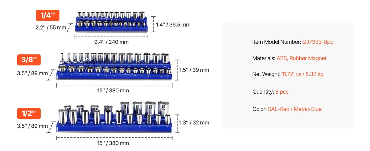 A set of magnetic socket organizers in SAE and Metric sizes, including 1/4 inch, 3/8 inch, and 1/2 inch sizes.