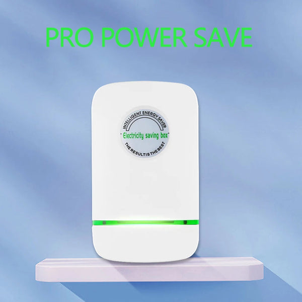 A white intelligent energy saver box with a green light, positioned on a pink surface.