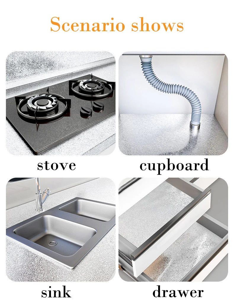 Images showing waterproof aluminum foil contact stickers used on a stove, cupboard, sink, and drawer.