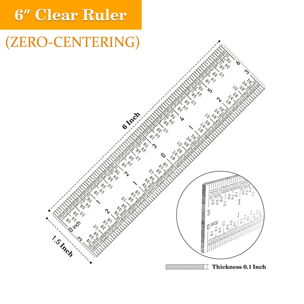 Regla transparente de 6 pulgadas con marcas de centrado cero y un grosor de 0.1 pulgada.
