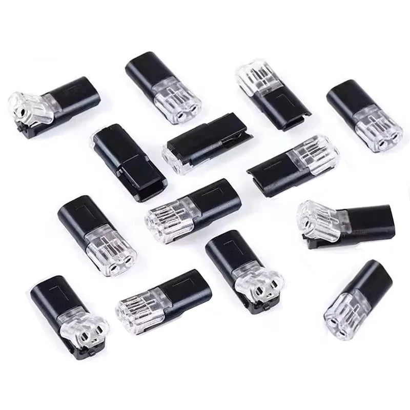 A collection of black and clear LED connectors for quick assembly.