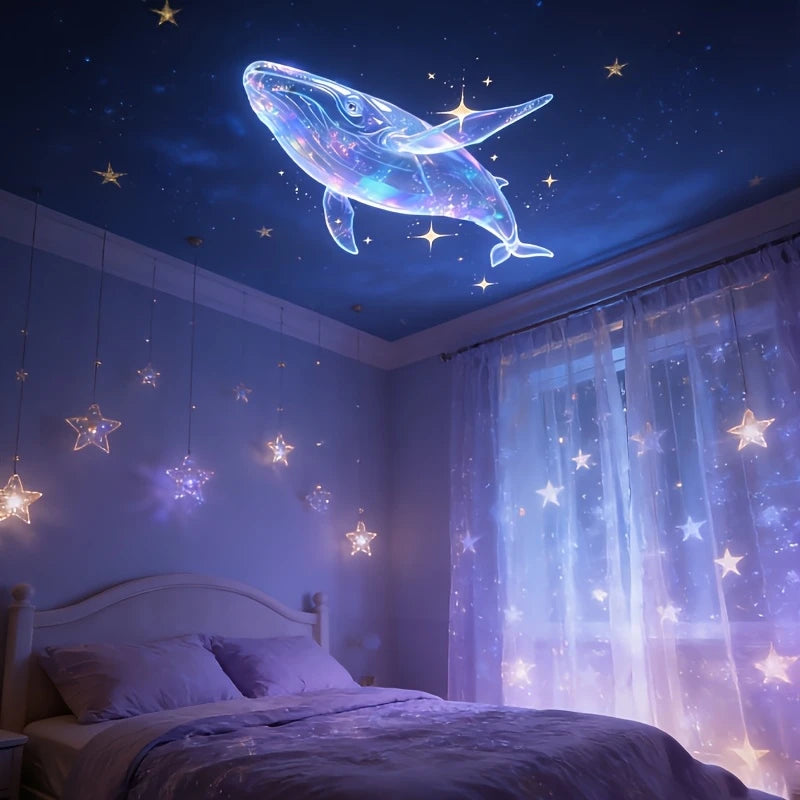 Escena de dormitorio con proyección de ballena brillante en el techo y luz púrpura suave filtrándose por cortinas transparent