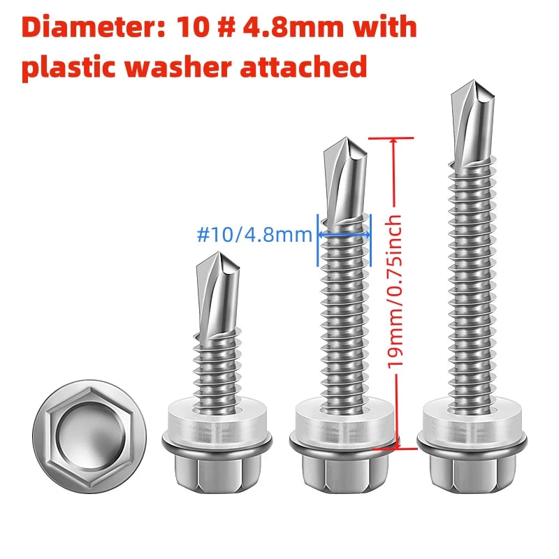 A set of heavy-duty self-drilling hex screws with a plastic washer attached, shown in various views.