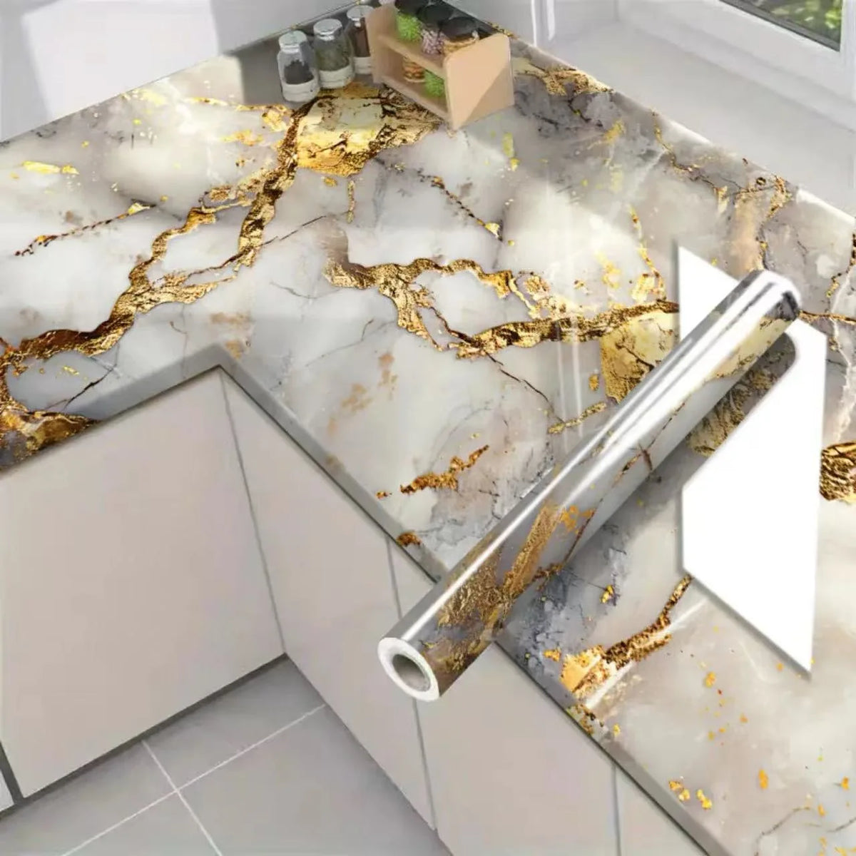 Marble self-adhesive waterproof contact paper featuring gold veining on a kitchen countertop.
